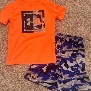 Under Armour Boys size 7 Orange Camo T-Shirt and Blue Camo Shorts Set